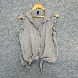 Venti6 100% Linen Front Tie Button Top Womens Large Ruffled Short Sleeve USA